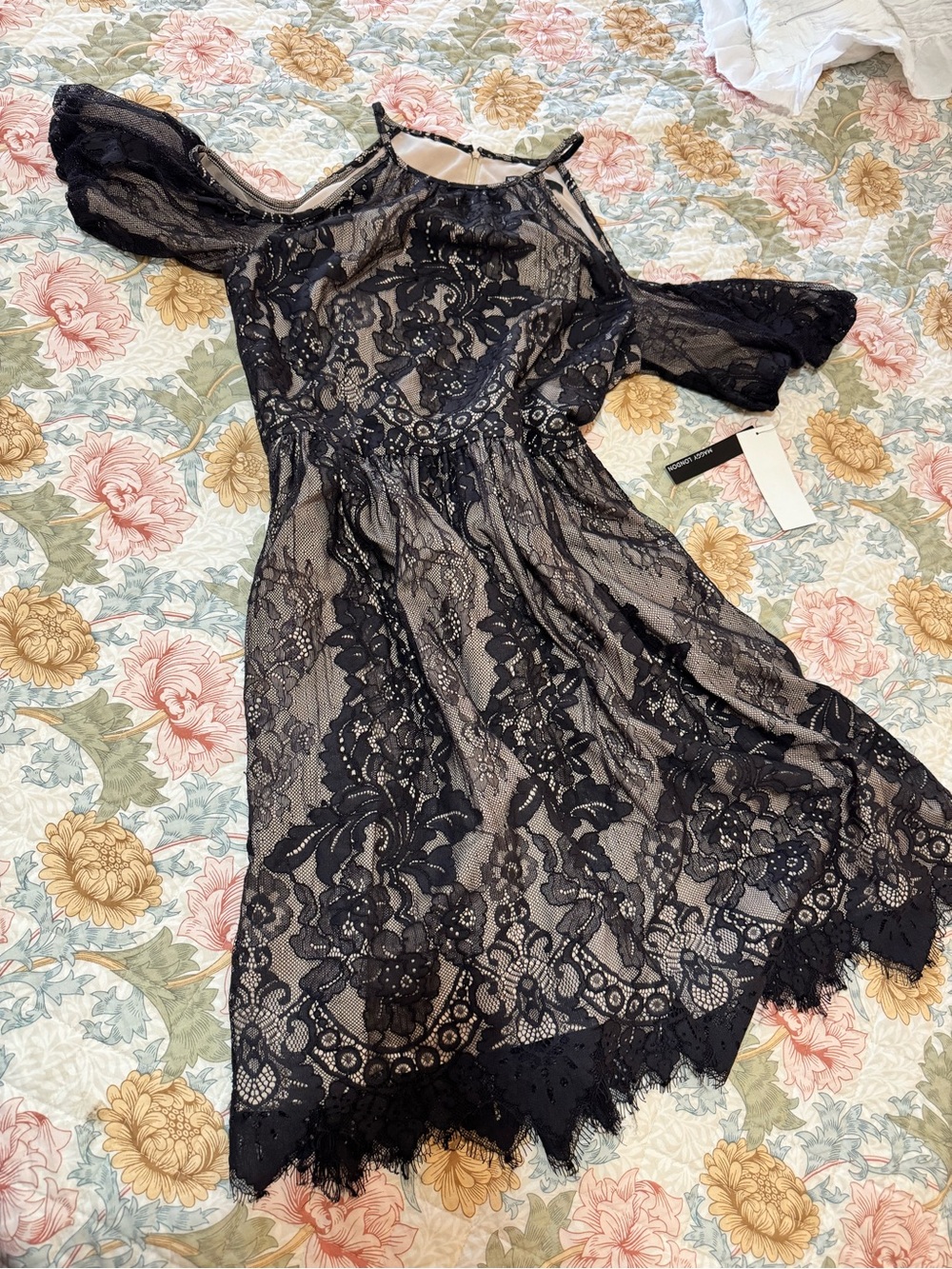 Maggy London Black Lace Midi Dress with Nude Lining
